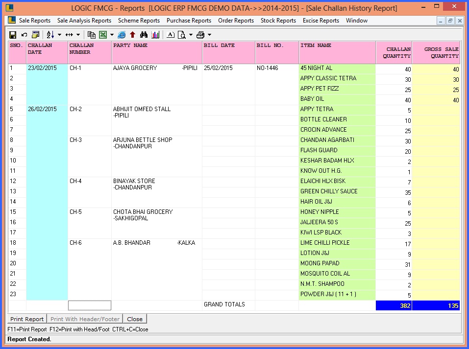 fmcg sale challan history report